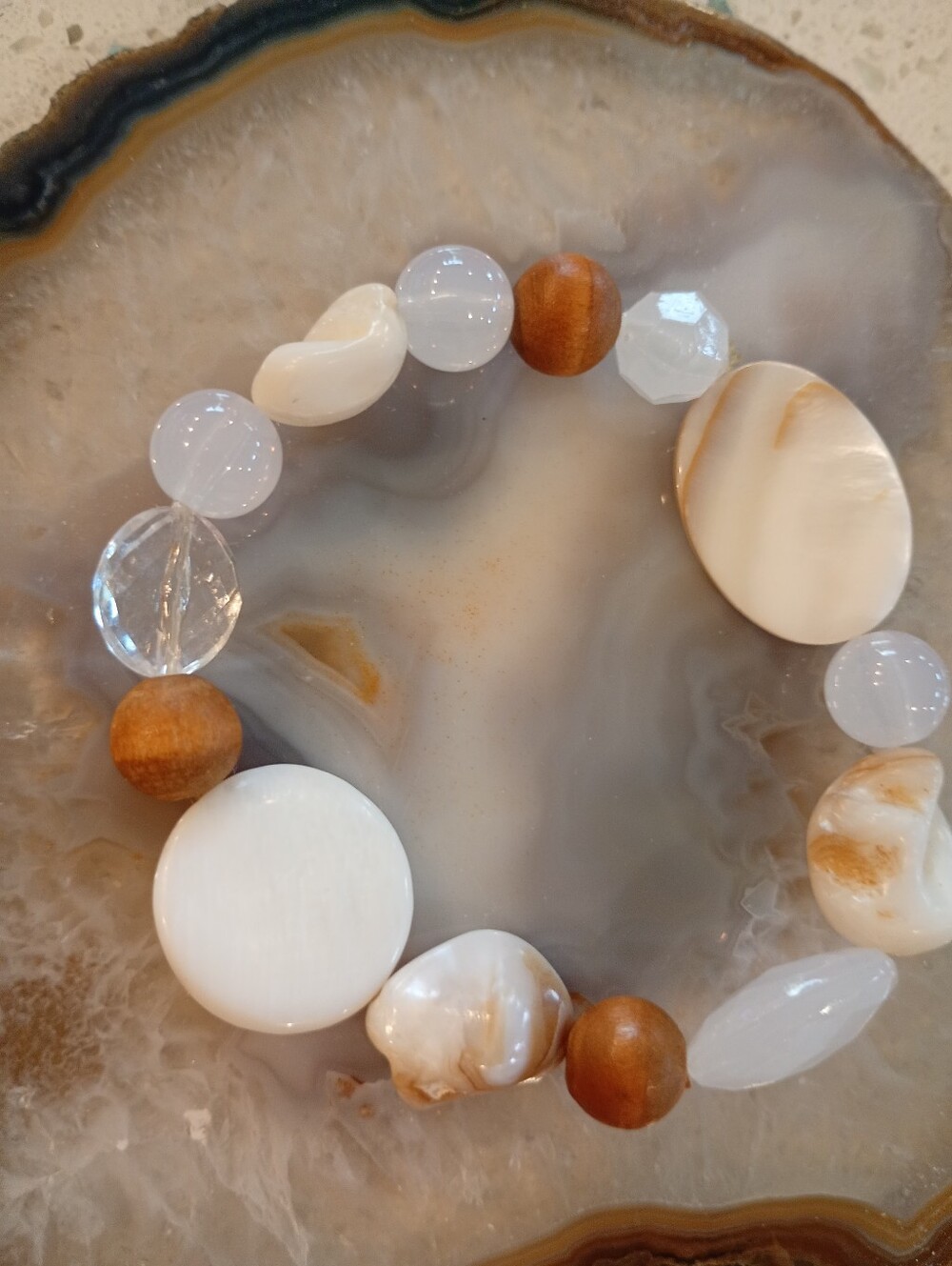 White Shell Like, Clear + Brown Beaded Stretch Bracelet - Picture 2 of 3
